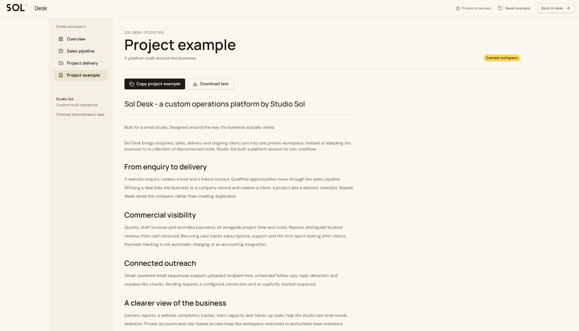 SOL Desk project overview describing the custom studio operations platform