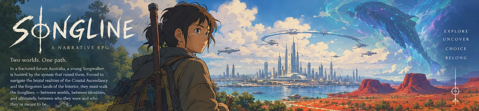 Songline key art: the young Songwalker in front of the coastal megacity, the Red Interior and a cosmic whale in the Veil