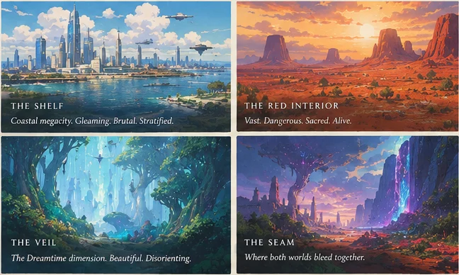 Songline world panels: the Shelf, the Red Interior, the Veil and the Seam