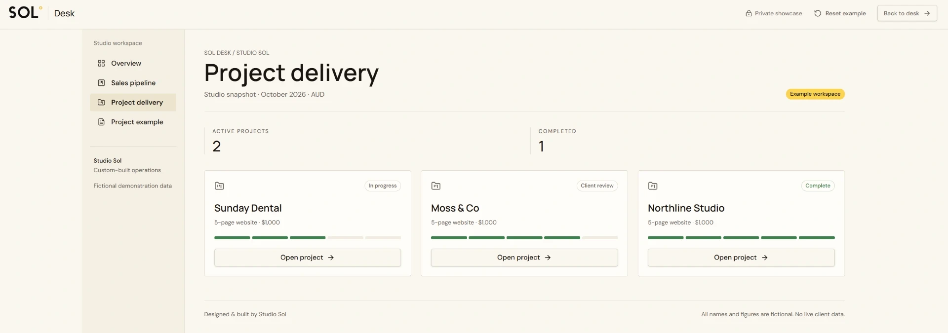 SOL Desk project delivery screen showing milestones and project status