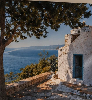 Whitewashed Ikarian house with a blue door beside a tree, overlooking the sea