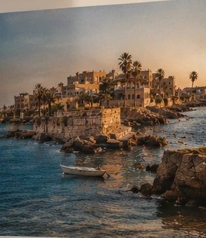 Batroun's stone waterfront and palms in golden light, a small boat on the sea