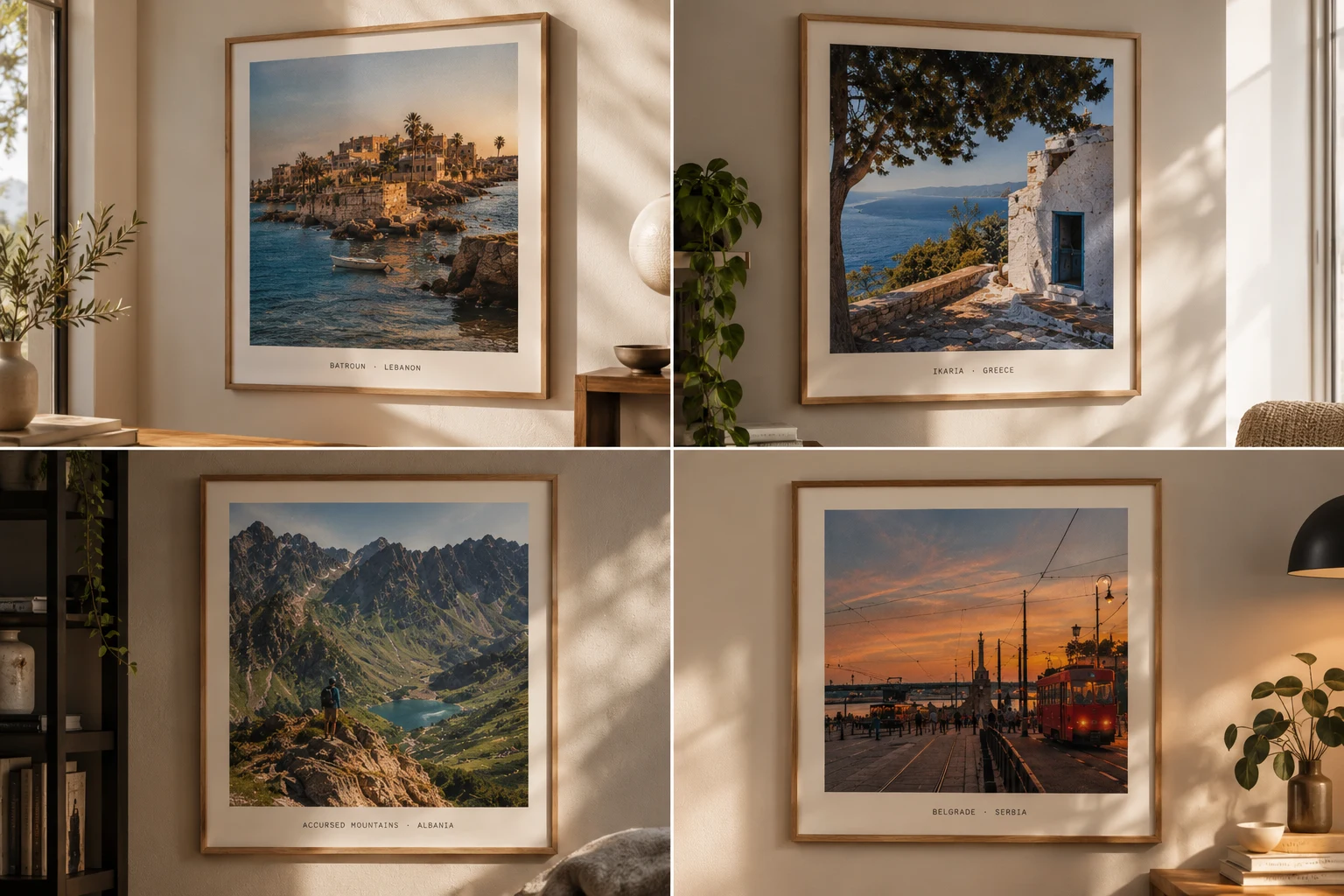 Four framed prints on sunlit walls: Batroun coastline, an Ikaria whitewashed house, the Accursed Mountains and a Belgrade tram at sunset