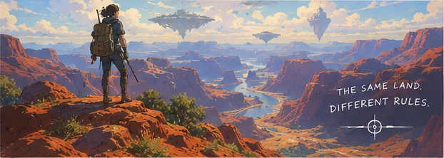 The Songwalker on a red canyon ridge beneath floating islands