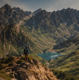 A hiker standing on a rock above a lake in a valley of jagged Albanian peaks