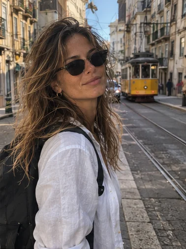 Solène Marín in sunglasses on a cobbled tram street