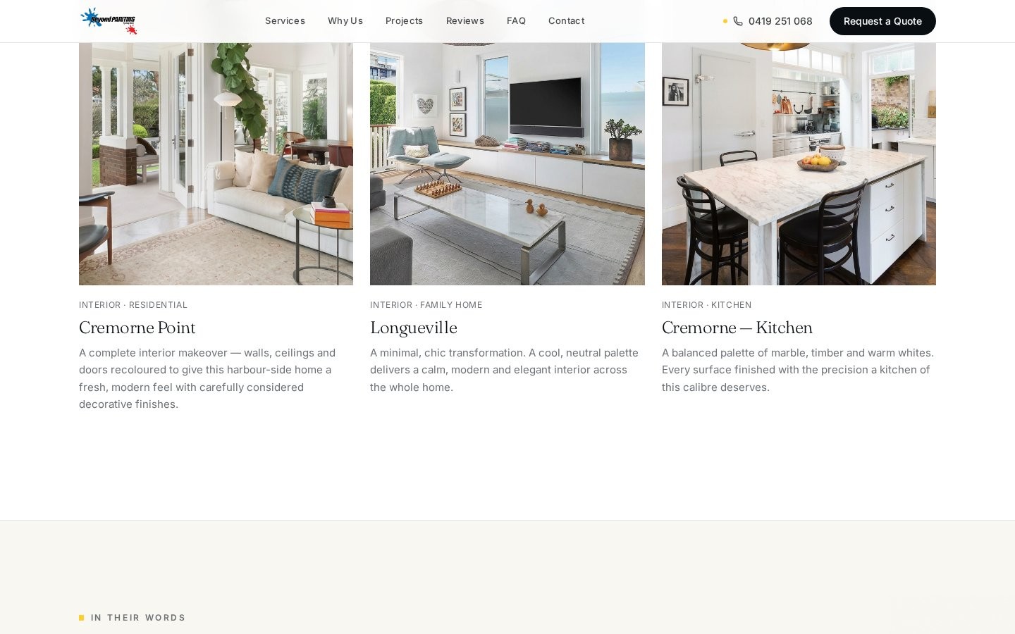 Beyond Painting projects section showing interior work in Cremorne Point and Longueville