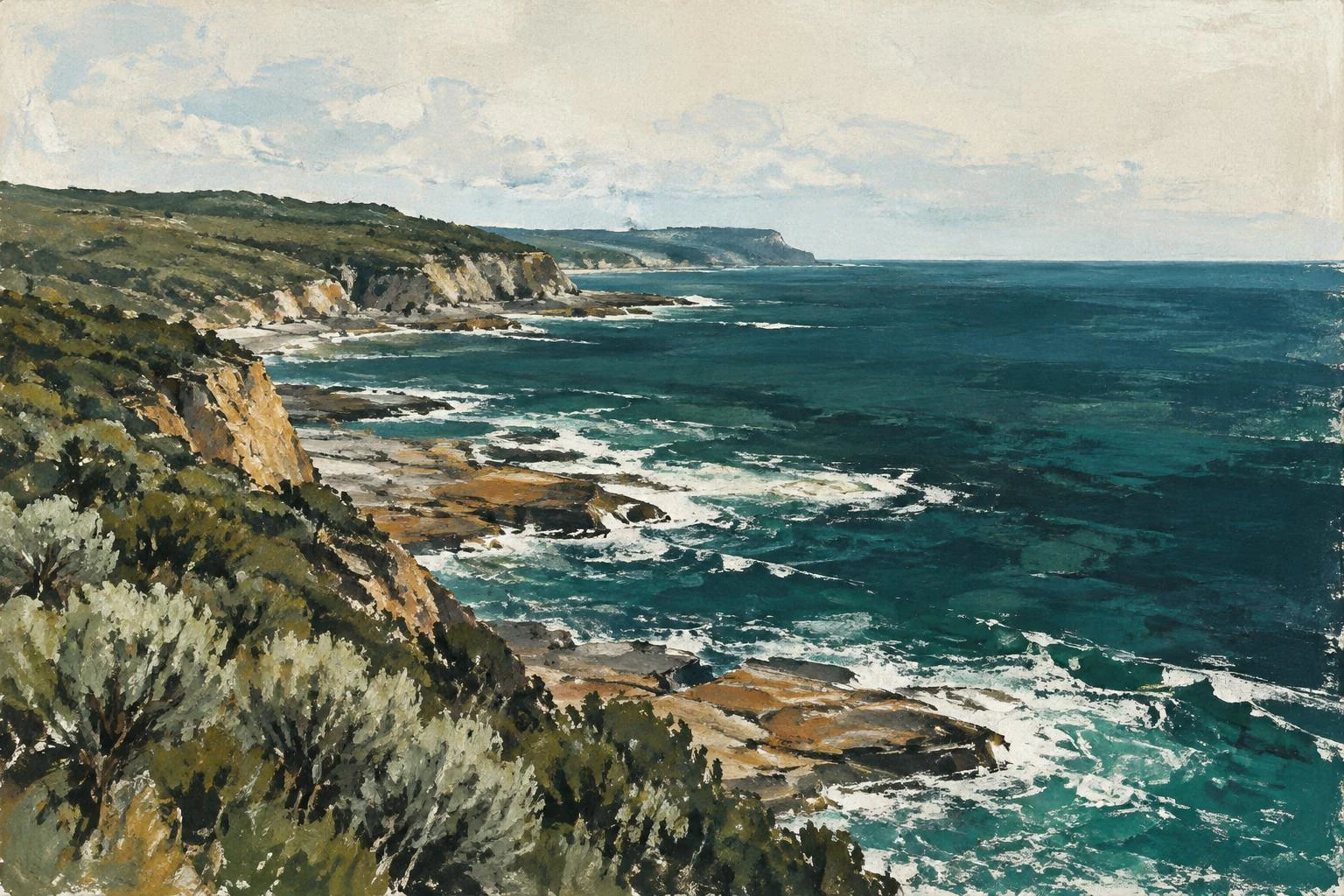 Textured coastal painting of teal water, ochre rock shelves and green scrub