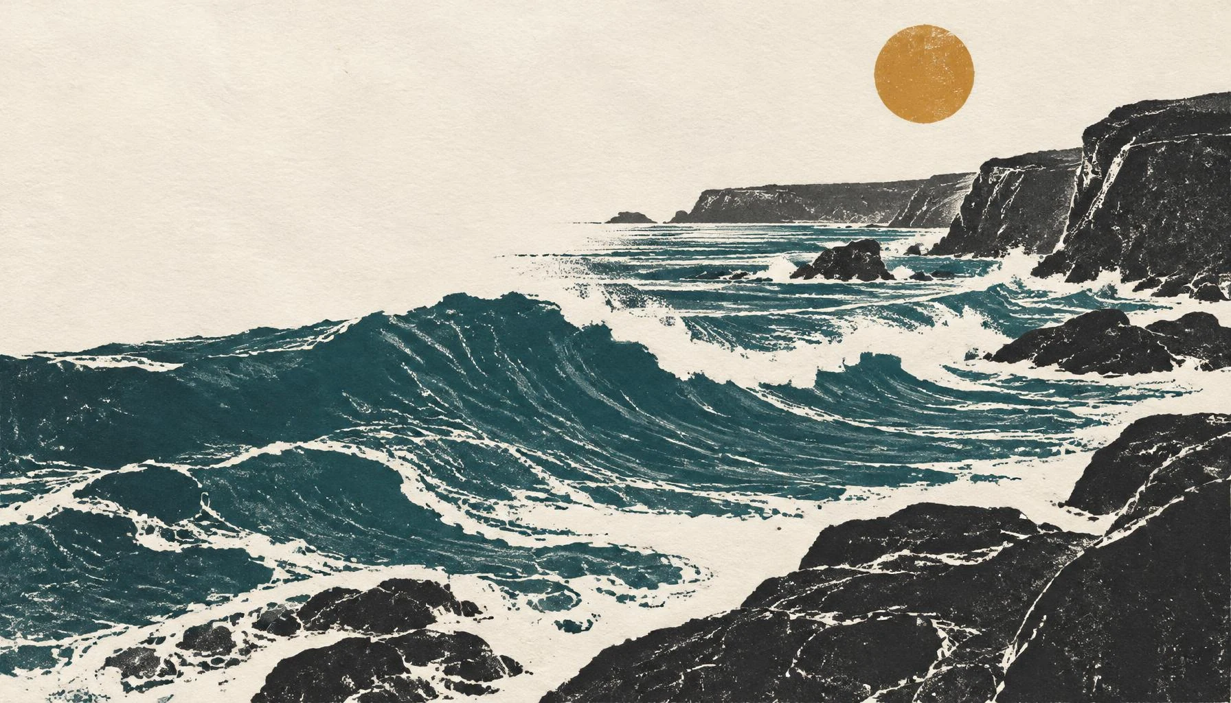 Coastal print study with textured teal waves, charcoal rock shelves and an ochre sun on paper