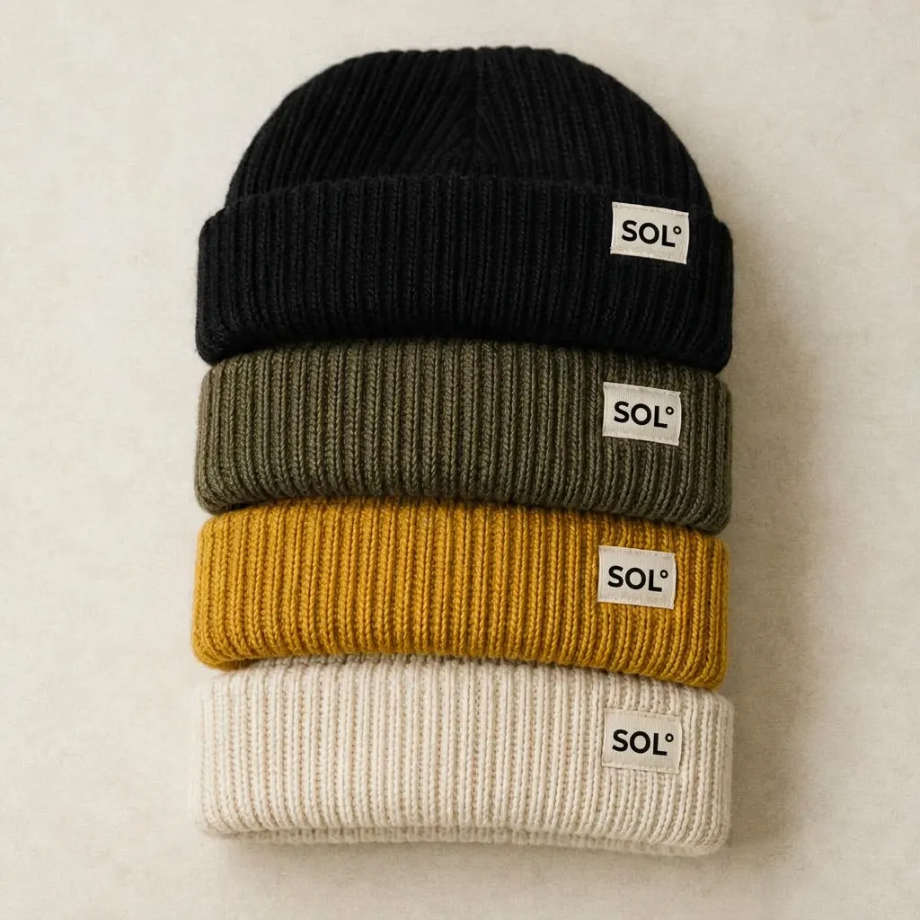 Stack of rib-knit beanies in black, olive, mustard and cream