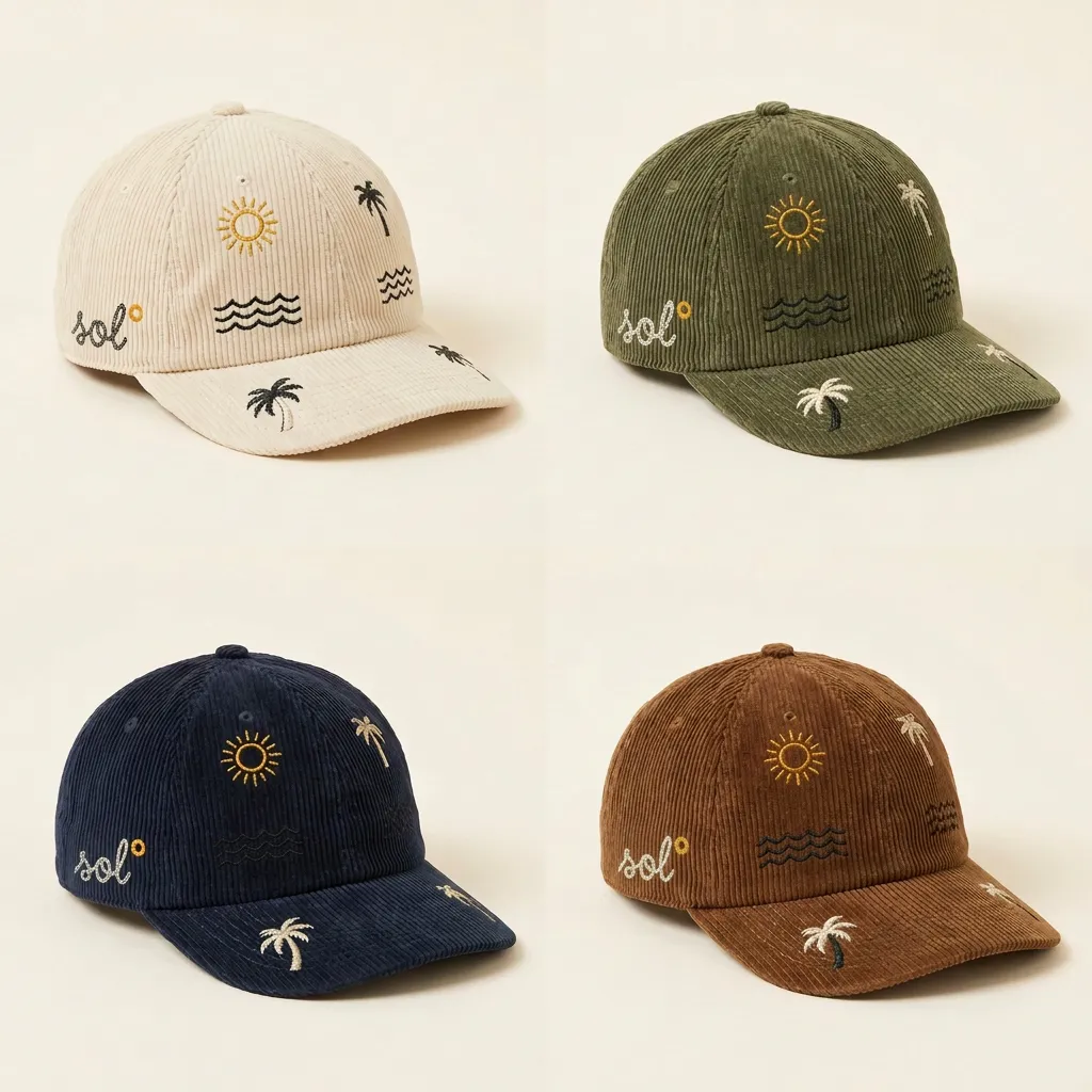 SOL° corduroy caps in cream, olive, navy and brown with embroidered sun, wave and palm icons and sol script
