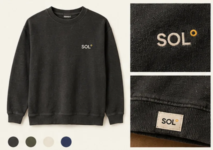 Washed black SOL° crewneck with embroidery and hem label details