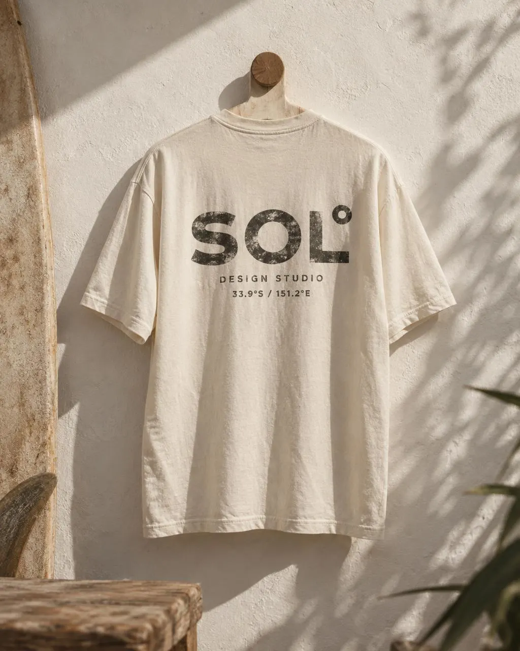 Cream heavyweight tee hanging on a peg