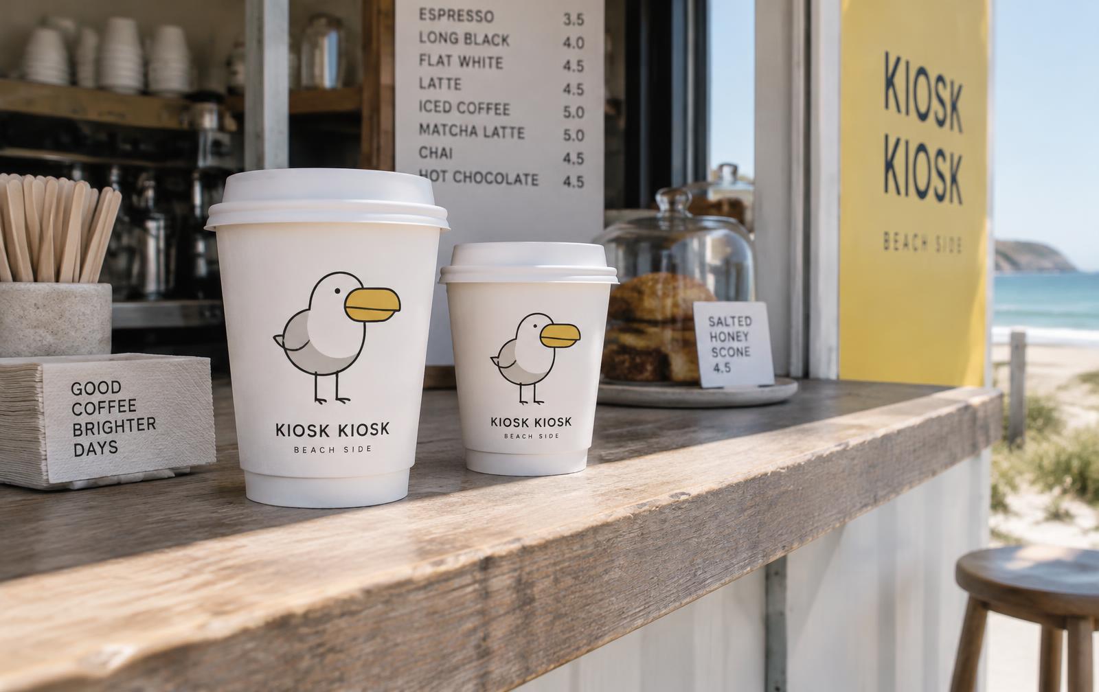 Kiosk Kiosk coffee cups with seagull mascot
