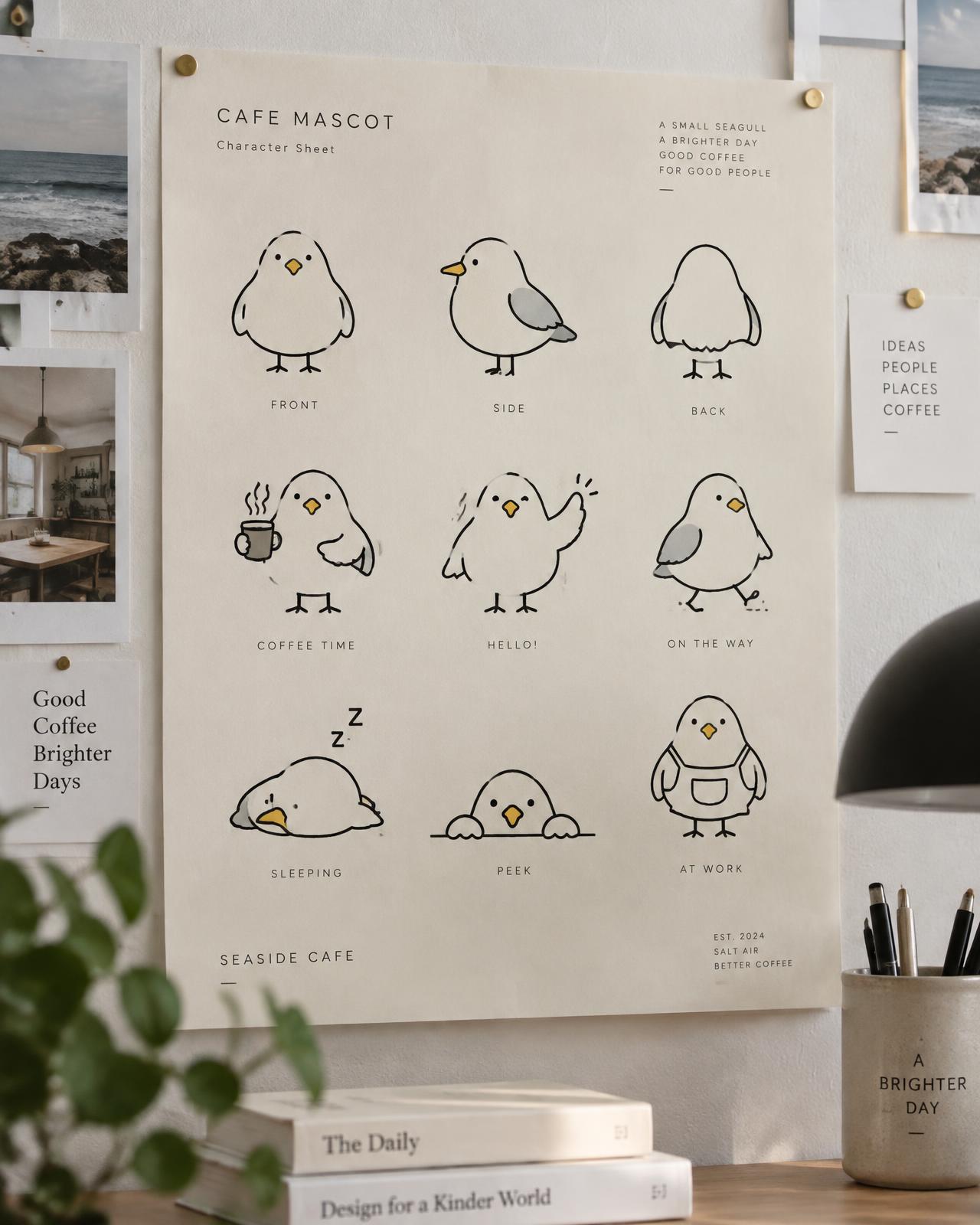 Kiosk Kiosk seagull character sheet with pose and expression studies