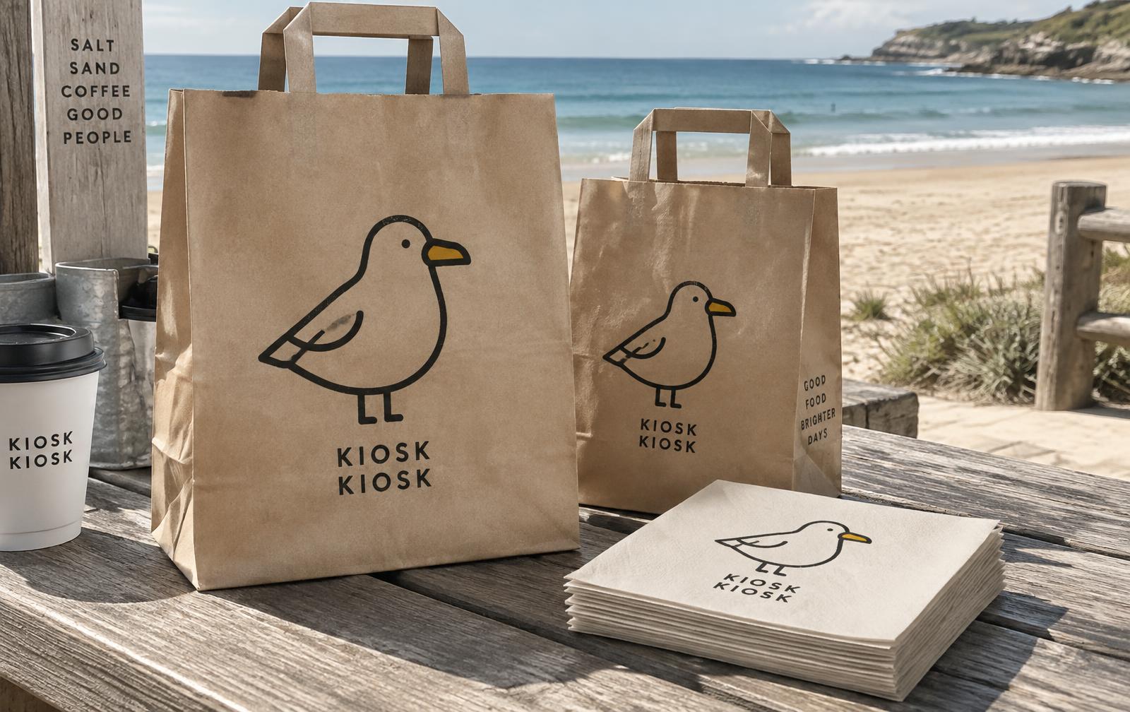 Kiosk Kiosk takeaway bags and napkins printed with the seagull mascot