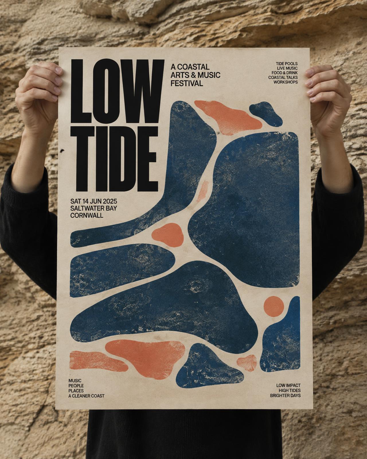 Low Tide poster held against sandstone