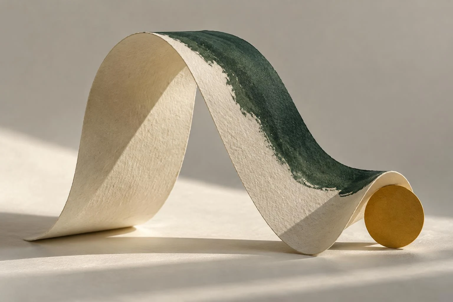 Conceptual folded paper wave with a brushed green edge and an ochre paper disc