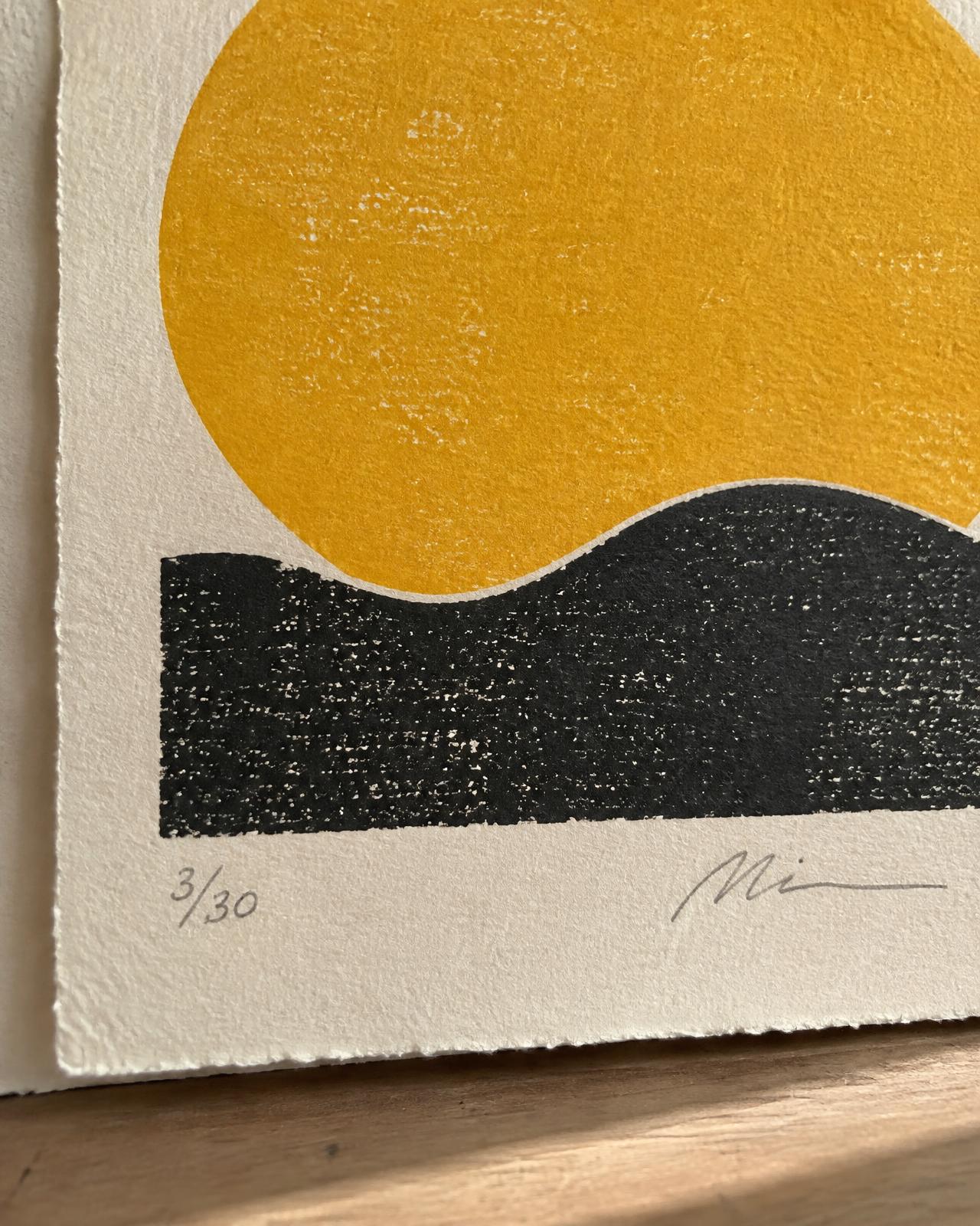 Sun Club screenprint close-up: yellow sun over a black wave, edition 3/30